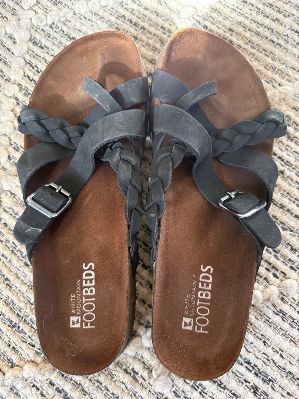 White Mountain Black Braided Strap Footbed Sandals